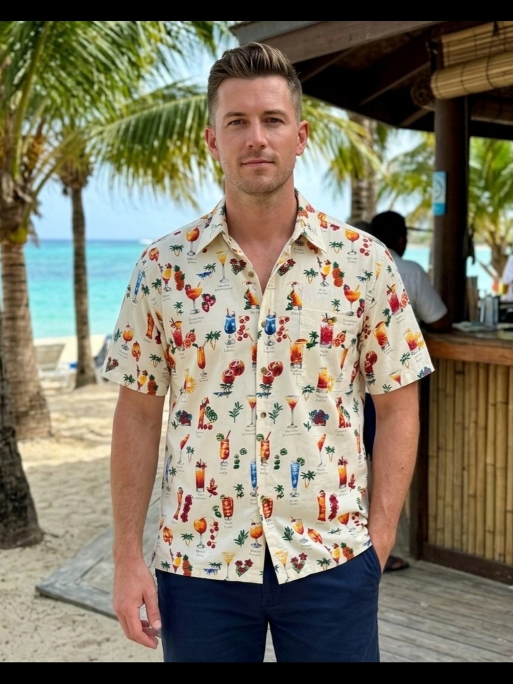 Weekenders Cream Short-Sleeve Tropical Cocktail Print Button-Down Shirt
